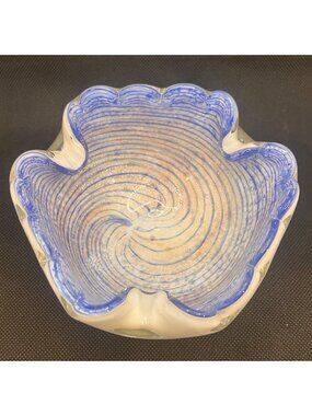 Murano Hand-Blown Glass Bowl With Blue & Gold Swirls Scalloped Edge 5" Diameter